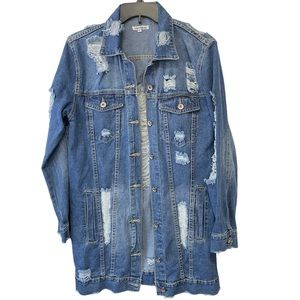 Cherry Koko Denim Distressed Knee length Coat Women’s Small Medium Wash